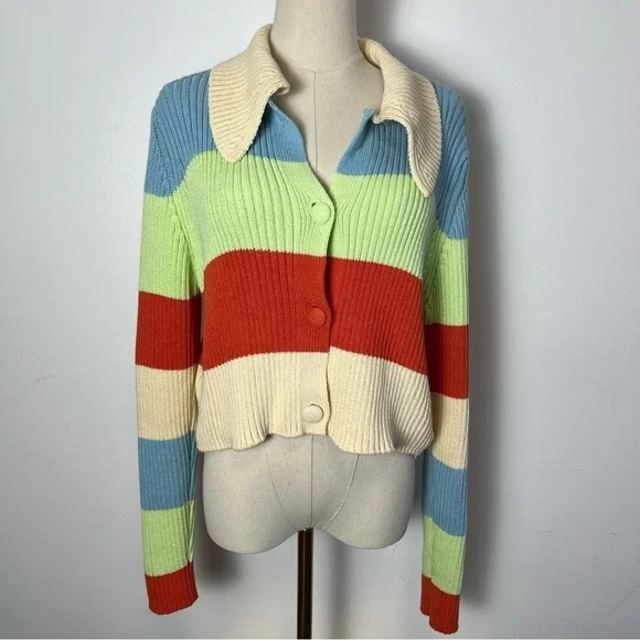 Zara Striped Button Front Knit Cardigan Sweater with Collar - Picture 3 of 8